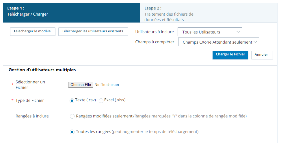 La page Gérer plusieurs utilisateurs, affichant l'option Seulement les champs CXone Attendant sélectionnée dans la liste déroulante Champs à inclure.